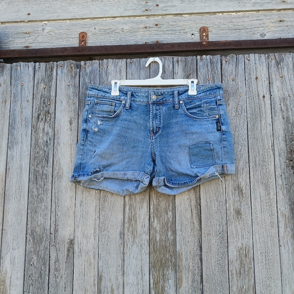 Silver Jeans Shorts 29 Blue Boyfriend Denim Rolled Cuff Jean Stretch Distressed